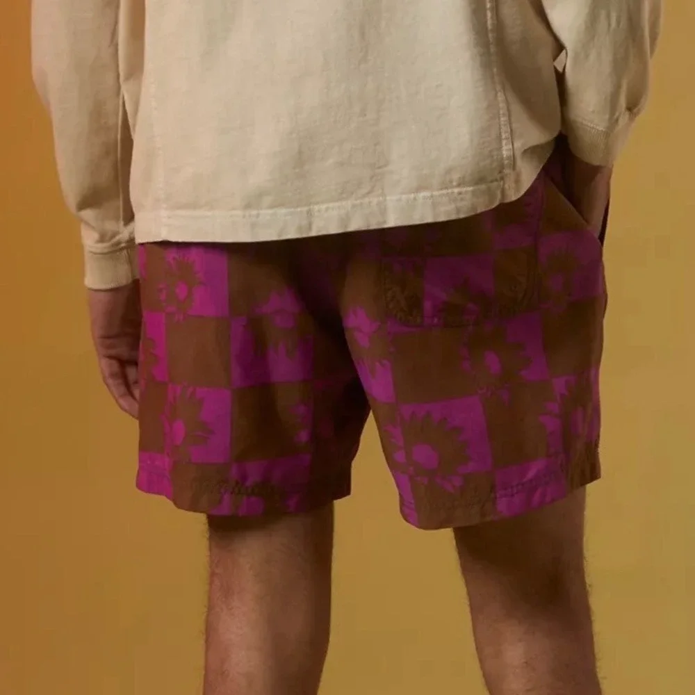 Urban Outfitters Daisy Checkerboard Print Swim Shorts Trunks Purple Brown Medium